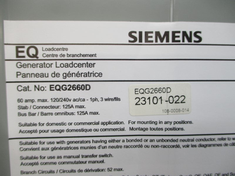 SIEMENS EQG2660D 120/240VAC 60A NSMP
