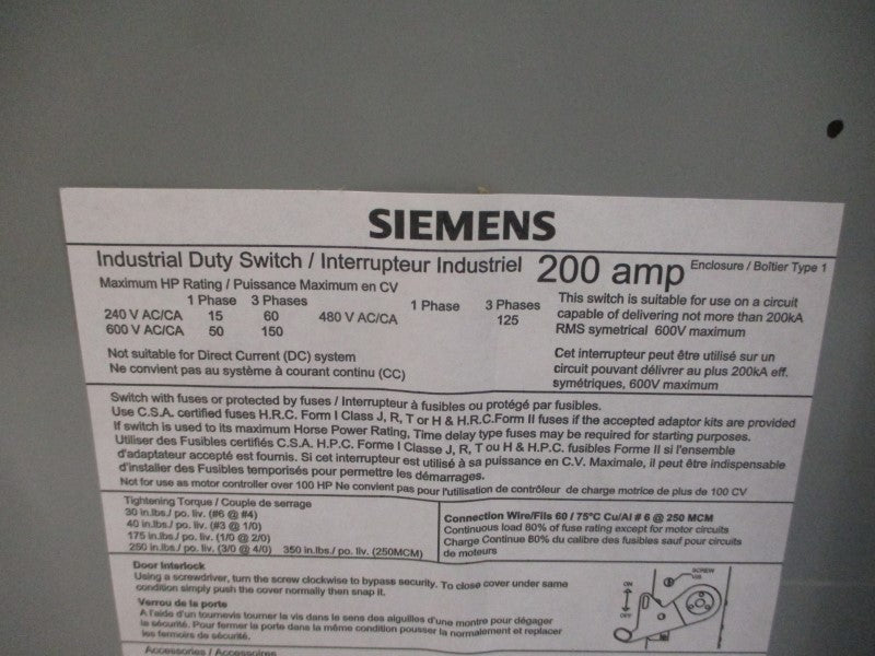 SIEMENS ID364 600VAC 200A NSMP