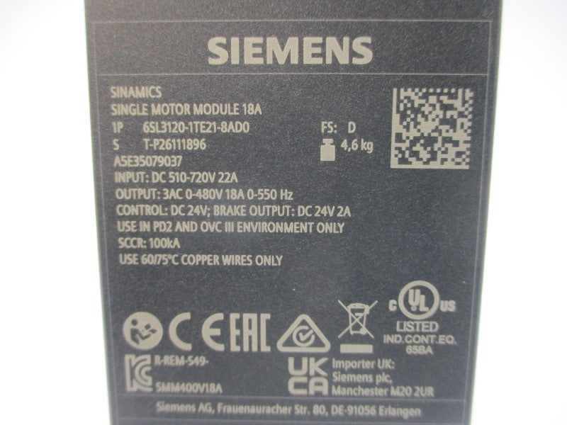 SIEMENS 6SL3120-1TE21-8AD0 510-720VDC 22A NSMP