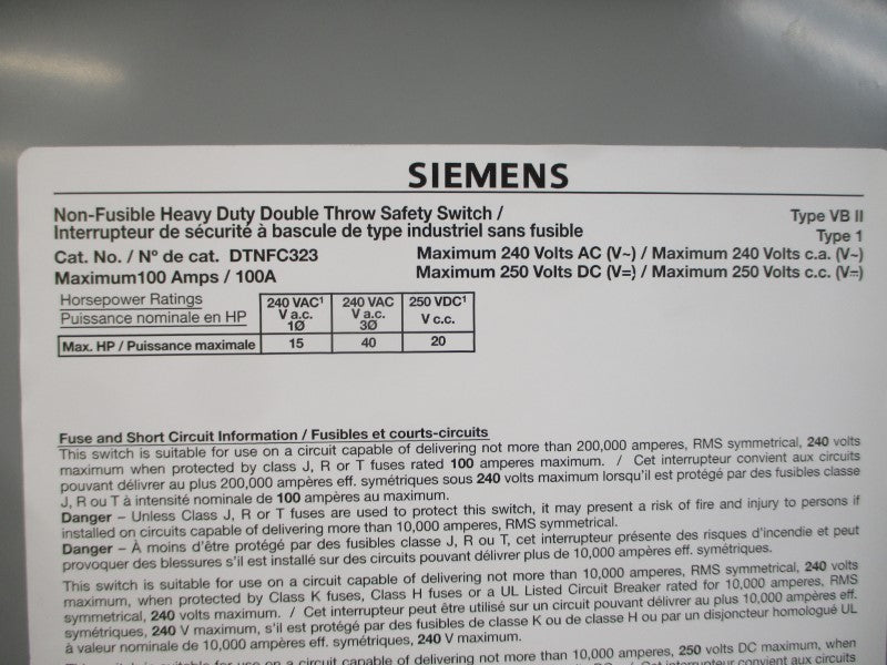 SIEMENS DTNFC323 240VAC 100A NSMP