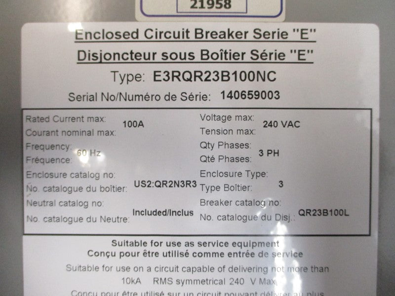 SIEMENS E3RQR23B100NC 240VAC 100A NSMP