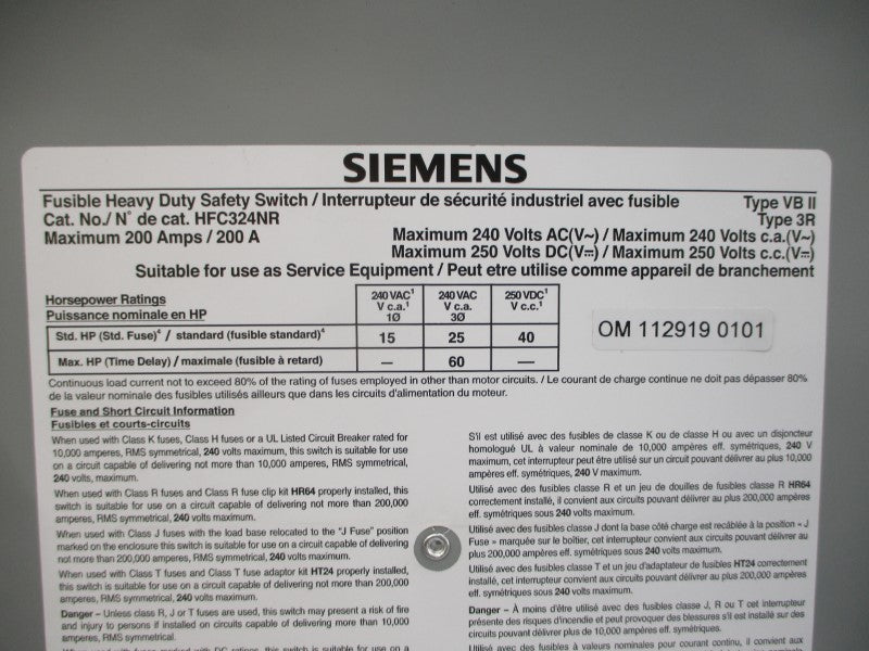 SIEMENS HFC324NR 240VAC 200A NSMP