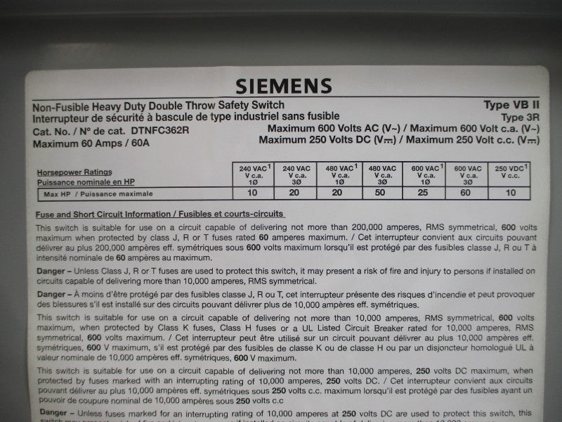 SIEMENS DTNFC362R 600VAC 60A NSMP