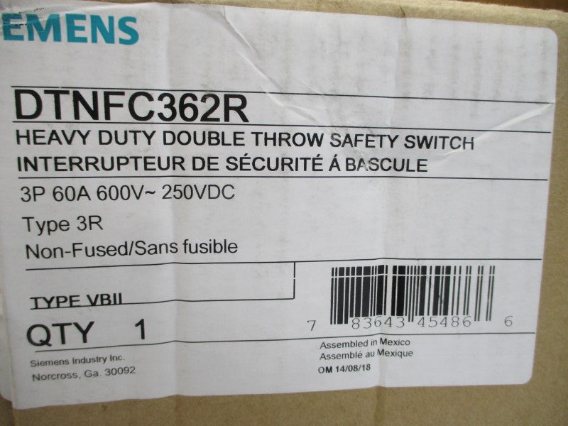 SIEMENS DTNFC362R 600VAC 60A NSMP