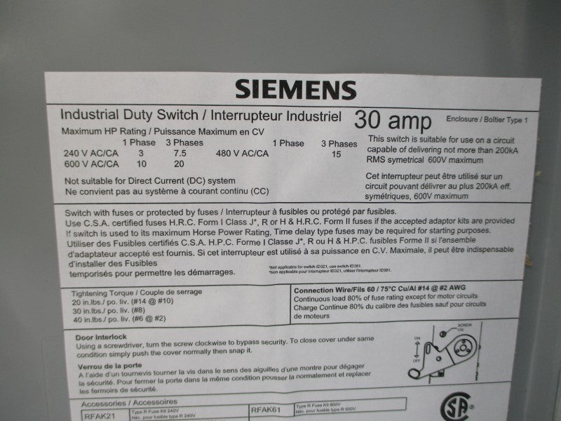 SIEMENS ID361NF 600VAC 30A NSMP