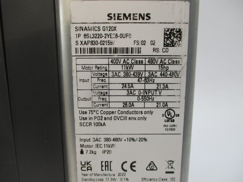 SIEMENS 6SL3220-2YE26-0UF0 380-480VAC 21.3/24.5A NSMP