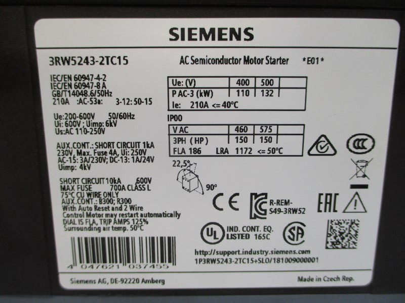 SIEMENS 3RW5243-2TC15 110-250VAC 210A UNMP