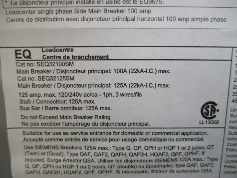 SIEMENS SEQ32100SM 120/240VAC 100A (AS PICTURED) UNMP