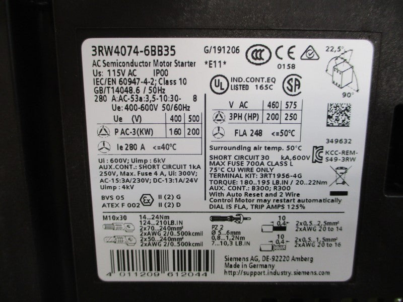 SIEMENS 3RW4074-6BB35 115VAC 280A NSMP