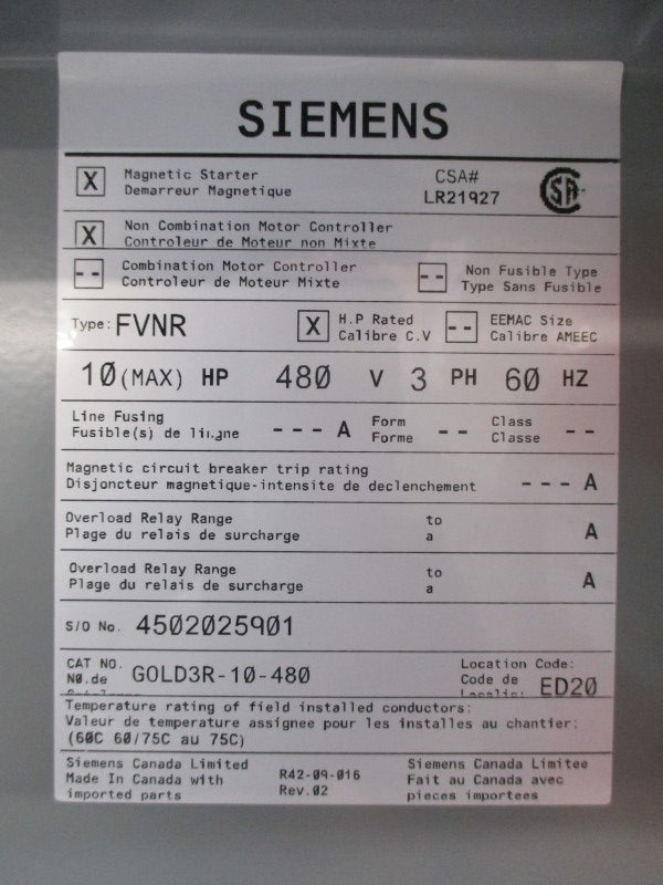 SIEMENS GOLD3R-10-480 480V NSMP