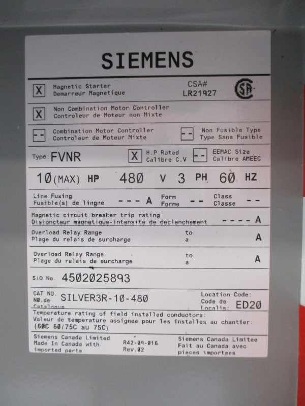 SIEMENS SILVER3R-10-480 480V NSMP