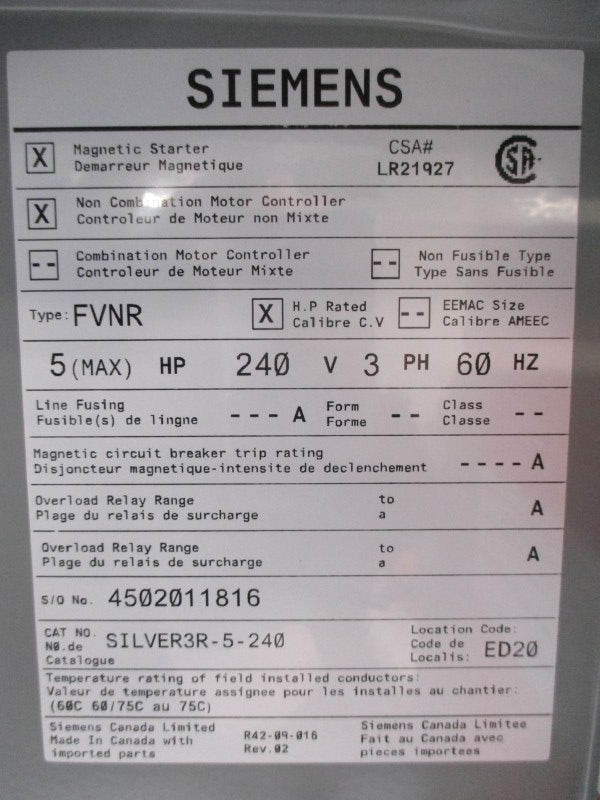 SIEMENS SILVER3R-5-240 240V NSMP
