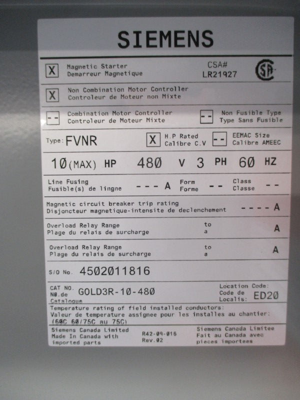 SIEMENS GOLD3R-10-480 480V NSMP