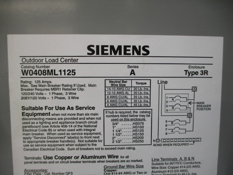 SIEMENS W0408ML1125 SER. A 120/240V 125A UNMP