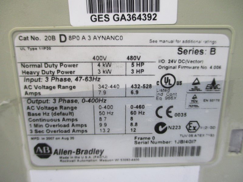 ALLEN BRADLEY 20BD8P0A3AYNANC0 SER. B F/W 4.006 432-528VAC 6.9A UNMP