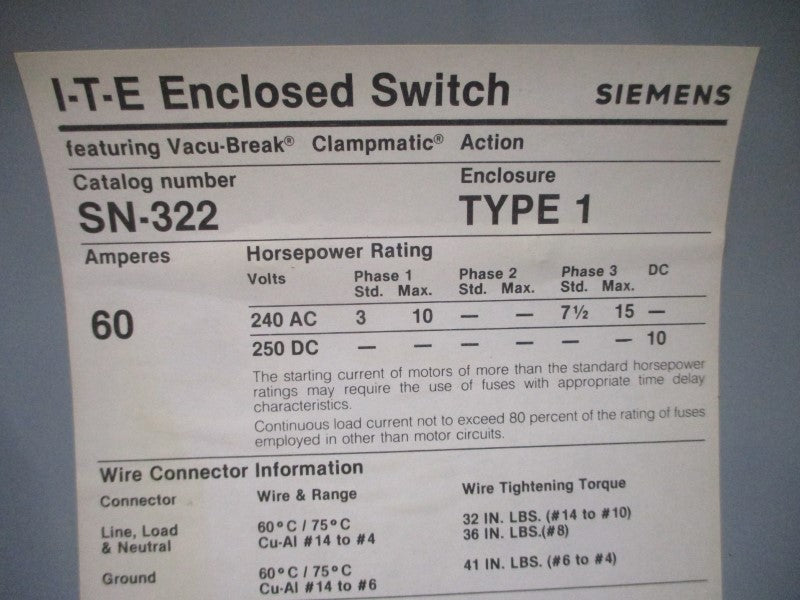 SIEMENS SN-322 240VAC 60A NSMP