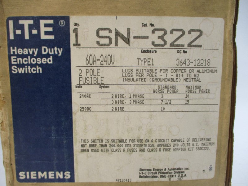 SIEMENS SN-322 240VAC 60A NSMP