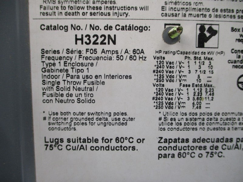 SQUARE D H322N SER. F05 240VAC 60A NSMP