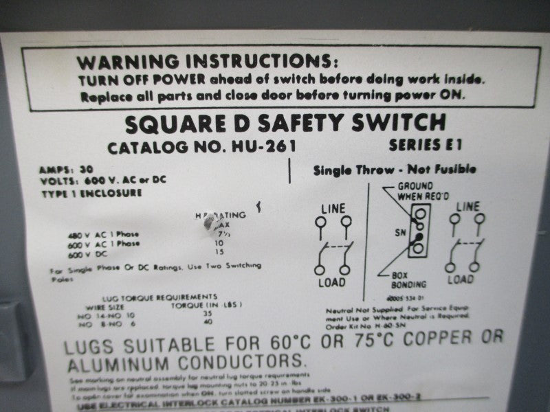 SQUARE D HU-261 SER. E1 600VAC 30A NSMP