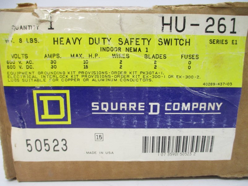 SQUARE D HU-261 SER. E1 600VAC 30A NSMP