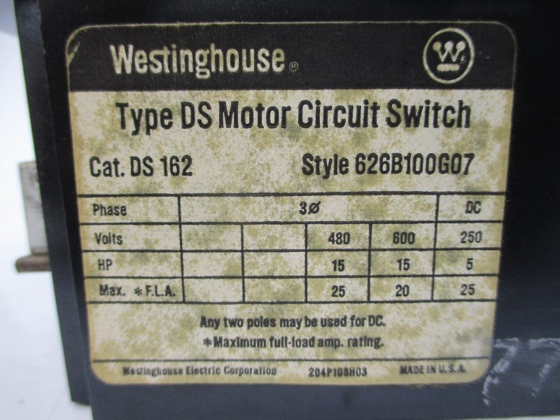 WESTINGHOUSE DS162 626B100G07 600VAC 30A NSMP
