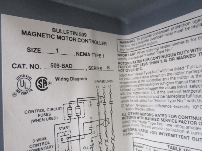 ALLEN BRADLEY 509-BAD SER. B 110/115-120V 27A (AS PICTURED) UNMP