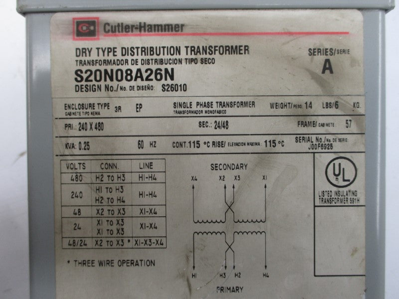 CUTLER HAMMER S20N08A26N SER. A 240/480V UNMP