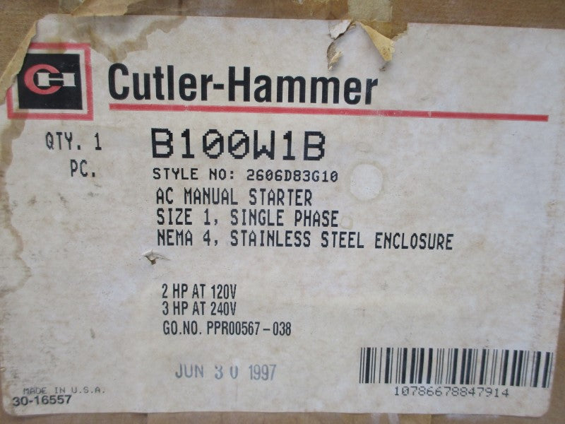 CUTLER HAMMER B100W1B 2606D83G10 120/240V NSMP