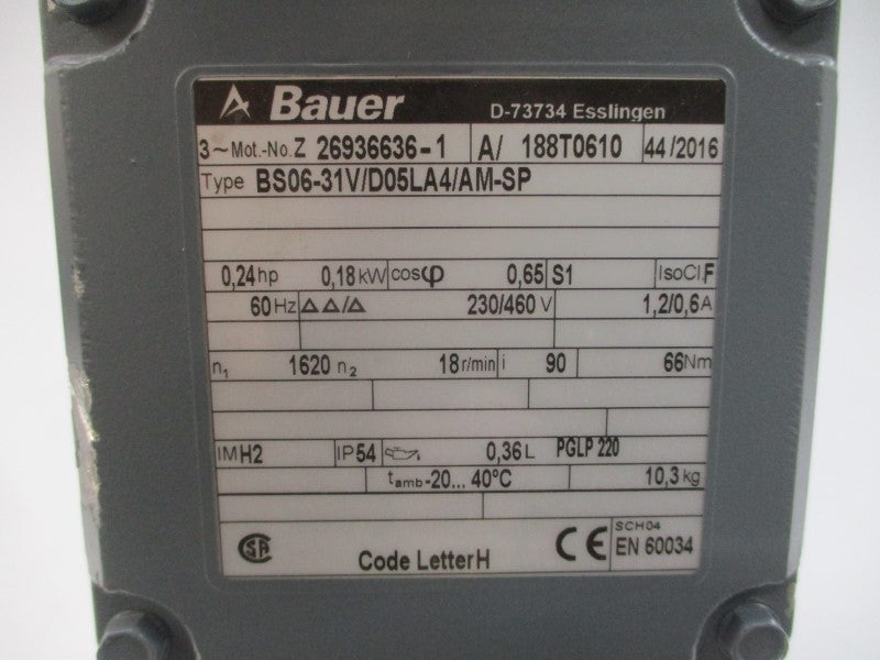 BAUER BS06-31V/D05LA4/AM-SP 26936636-1 230/460V 1.2/0.6A NSNP