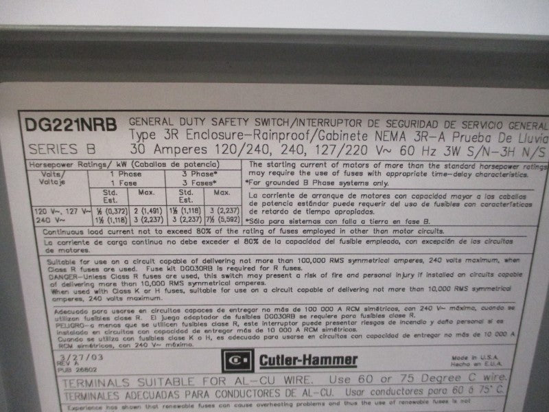 CUTLER HAMMER DG221NRB SER. B 120/240V 30A NSMP