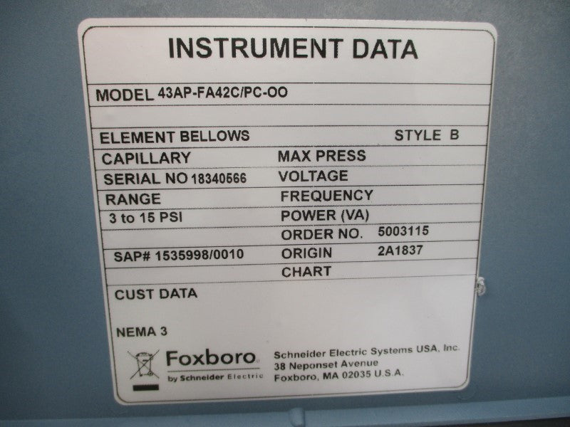 FOXBORO 43AP-FA42C/PC-OO 3-15PSI NSNP