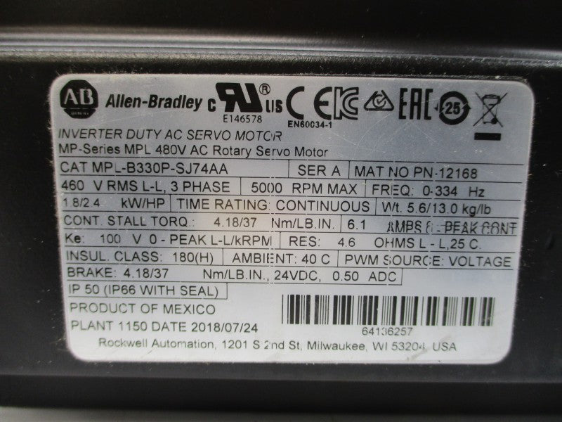 ALLEN BRADLEY MPL-B330P-SJ74AA SER. A 460VAC 6.1A NSNP