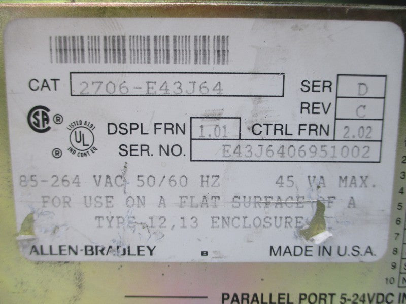ALLEN BRADLEY 2706-E43J64 SER. D F/W 2.02 85-264VAC REV. C UNMP