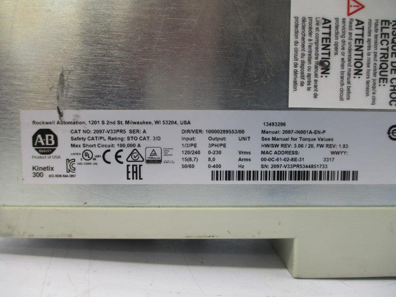 ALLEN BRADLEY 2097-V33PR5 SER. A F/W 1.83 120/240V 15A REV. 3.06 UNMP