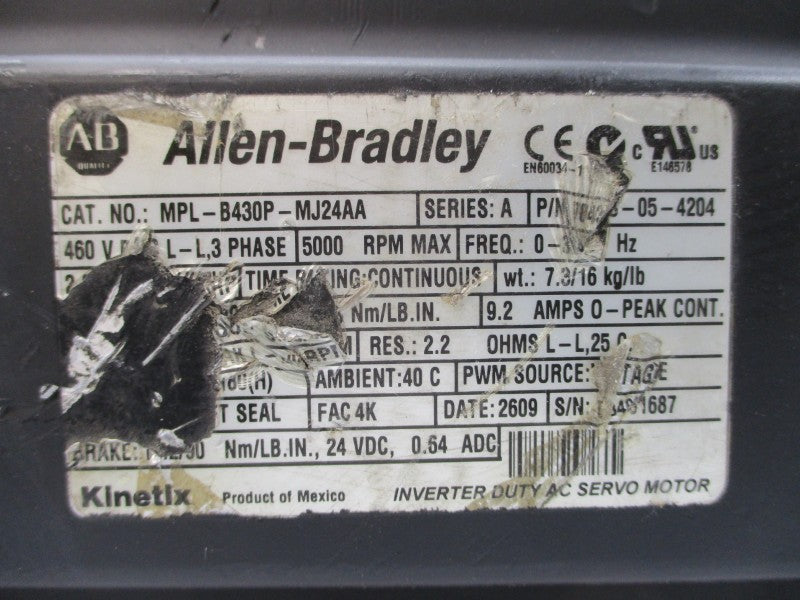 ALLEN BRADLEY MPL-B430P-MJ24AA SER. A 460VAC 9.2A UNMP