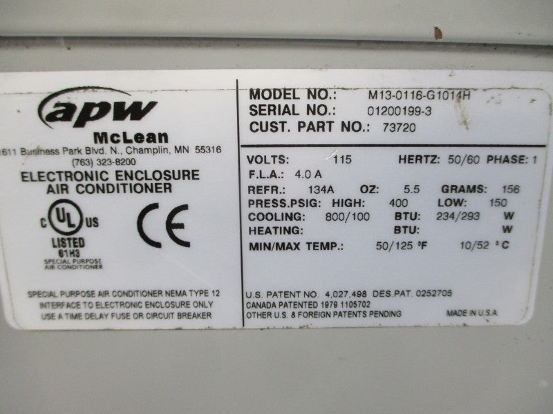 APW MCLEAN M13-0116-G1014H 73720 115V 4.0A 150/400PSI 50/125'F UNMP