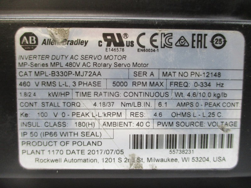 ALLEN BRADLEY MPL-B330P-MJ72AA SER. A 460VAC 6.1A (AS PICTURED) UNMP