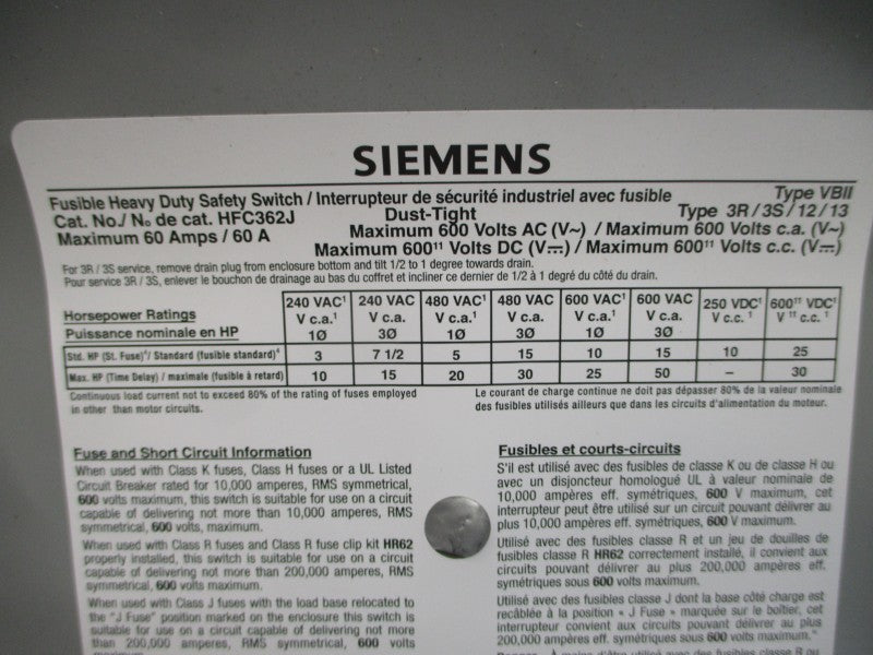SIEMENS HFC362J 600VAC/DC 60A NSMP