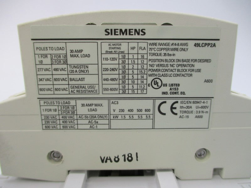 SIEMENS LCE00C006120A 115-120V 30A NSMP