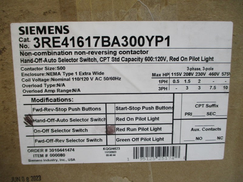 SIEMENS 3RE41617BA300YP1 110/120VAC NSMP