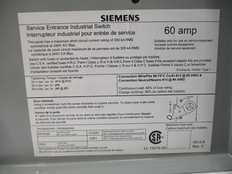 SIEMENS ID222 240VAC 60A NSMP