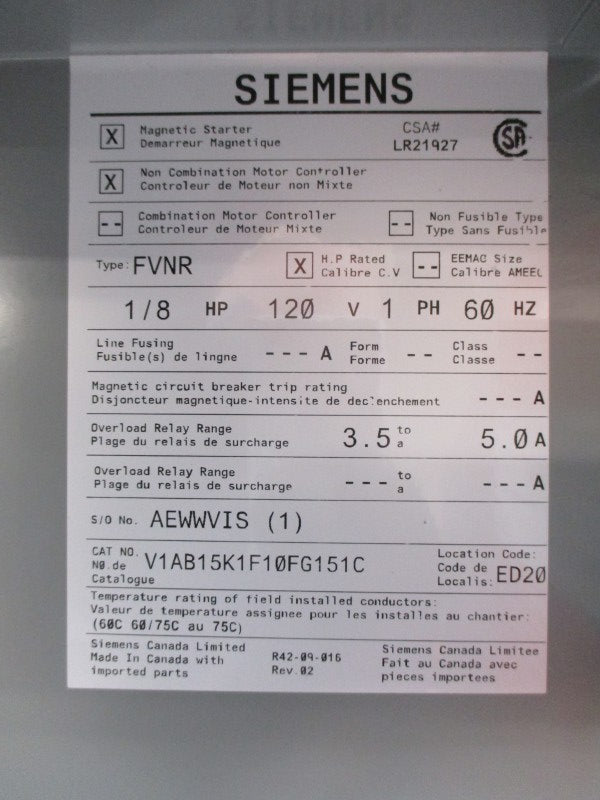 SIEMENS V1AB15K1F10FG151C AEWWVIS013-IEC 120V NSMP