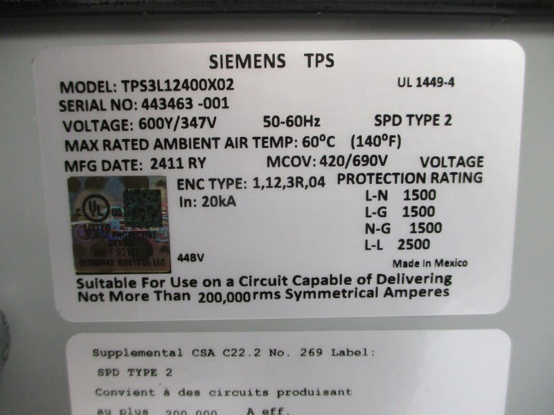 SIEMENS TPS3L12400X02 347V NSMP