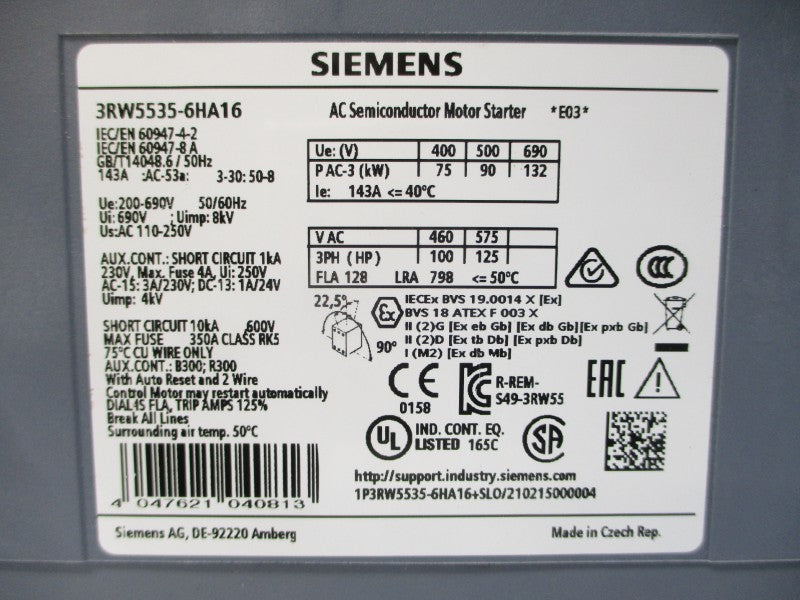 SIEMENS 3RW5535-6HA16 110-250VAC 143A UNMP