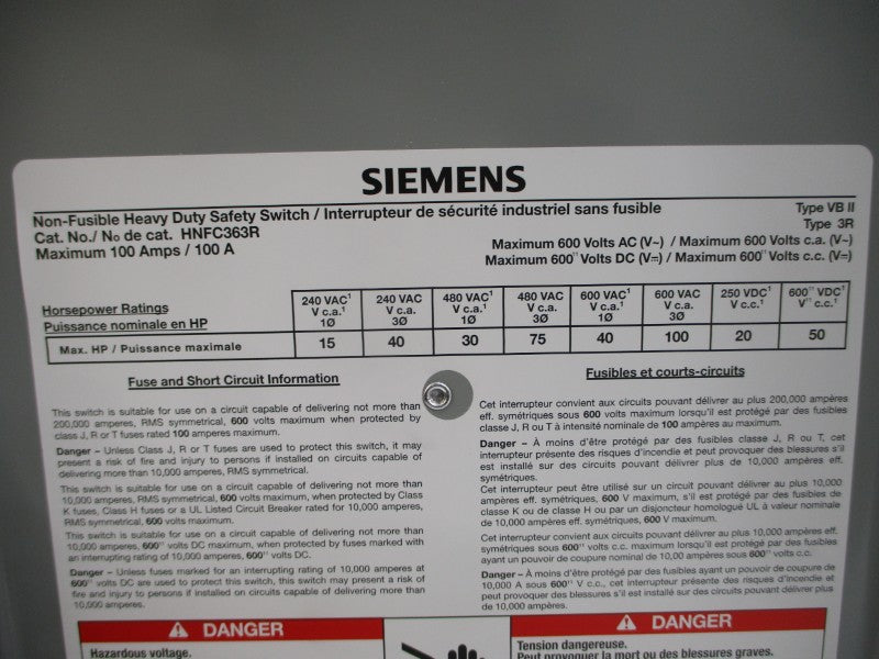 SIEMENS HNFC363R 600VAC/DC 100A NSMP