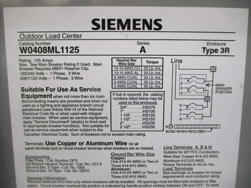 SIEMENS W0408ML1125-20 SER. A 120/240V 125A NSMP
