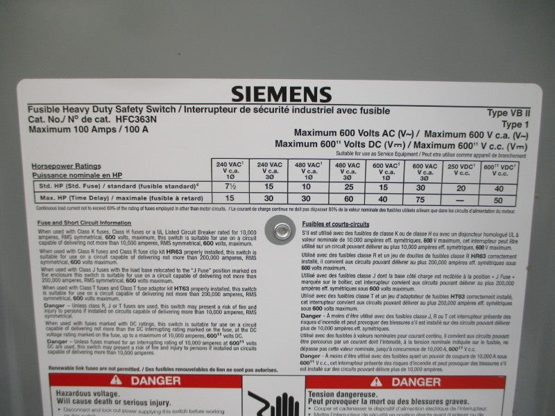 SIEMENS HFC363N 600VAC/DC 100A NSMP