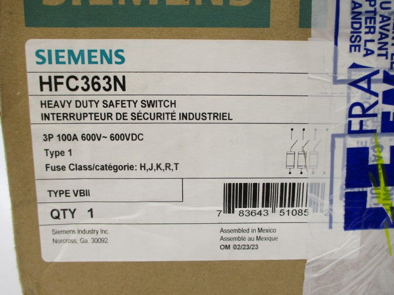 SIEMENS HFC363N 600VAC/DC 100A NSMP