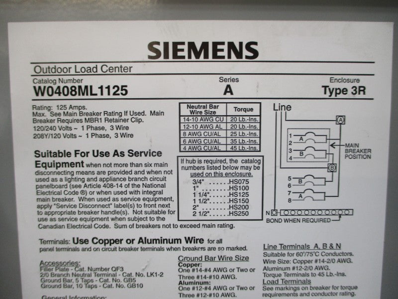SIEMENS W0408ML1125-60 SER. A 120/240V 60A NSMP