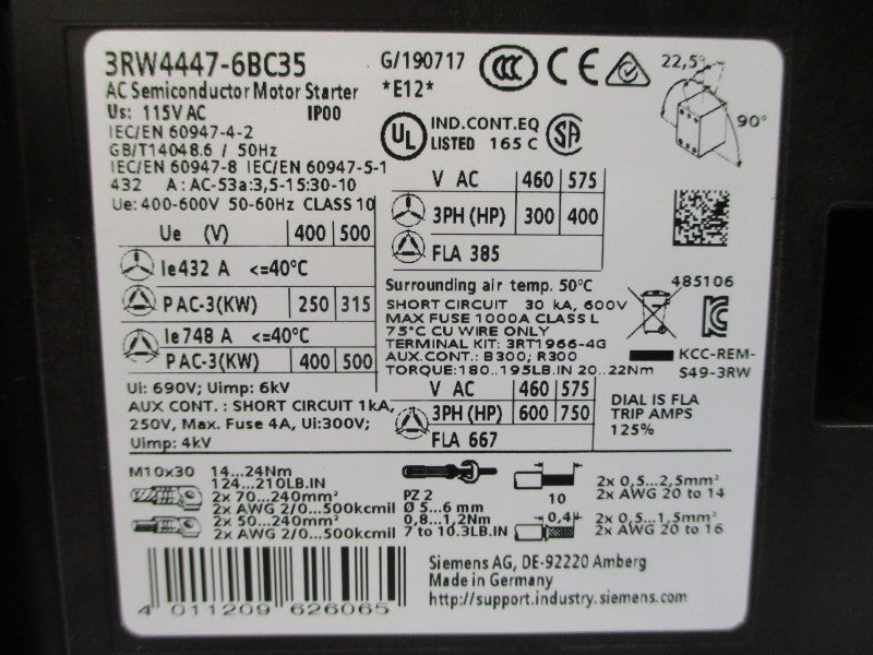 SIEMENS 3RW4447-6BC35 115VAC 385A UNMP